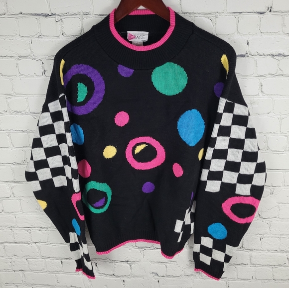 Grace Sweaters - GRACE | vintage 90s retro polkadot & checkered crewneck long sleeve sweater